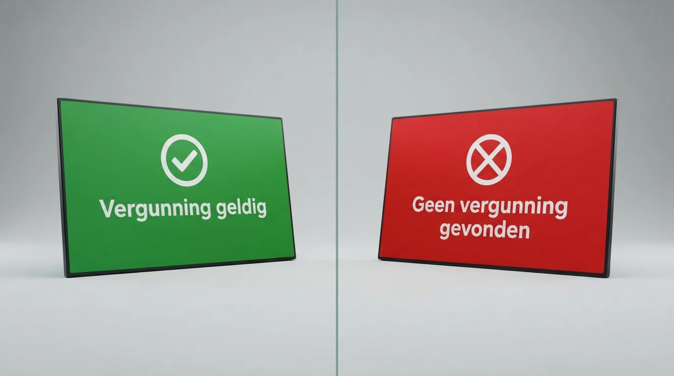Een visuele vergelijking: links een scherm met het Ksa-logo en een groen vinkje bij “Vergunning geldig”, rechts een rood kruis bij “Geen vergunning gevonden”