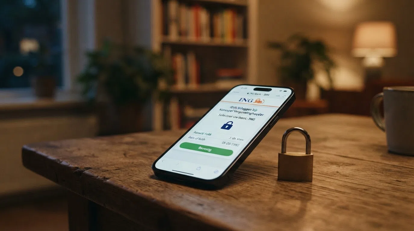 Een smartphone met de iDIN-inlogpagina van een Nederlandse bank, naast een hangslot-icoon dat een beveiligde verbinding aangeeft