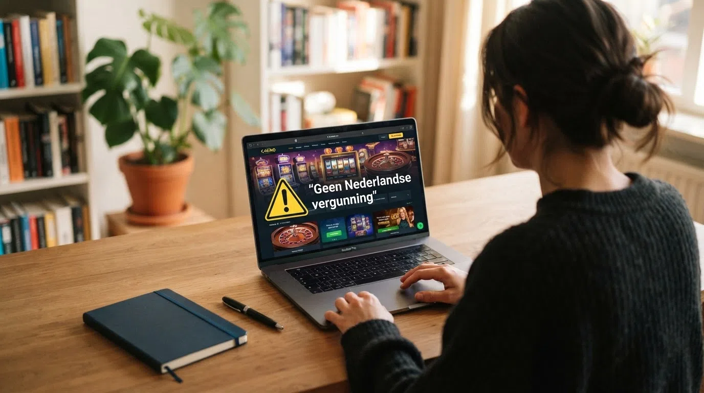 Een waarschuwingssymbool naast een casino-interface met de tekst 'geen Nederlandse vergunning'